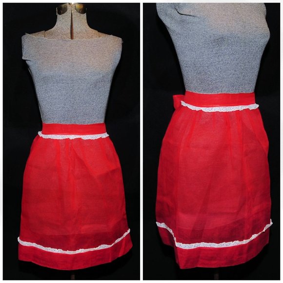 Vintage 50s Red Illusion Organza & Lace Fancy Hostess Apron July 4th, Christmas - Picture 8 of 8
